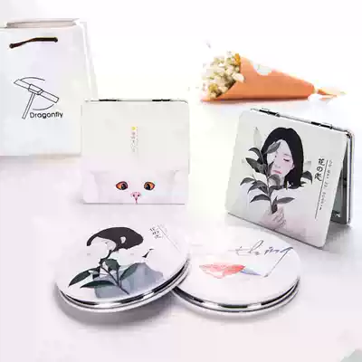 Fashion leather mirror Korean creative ladies portable makeup makeup mirror Mini portable folding small mirror double-sided mirror