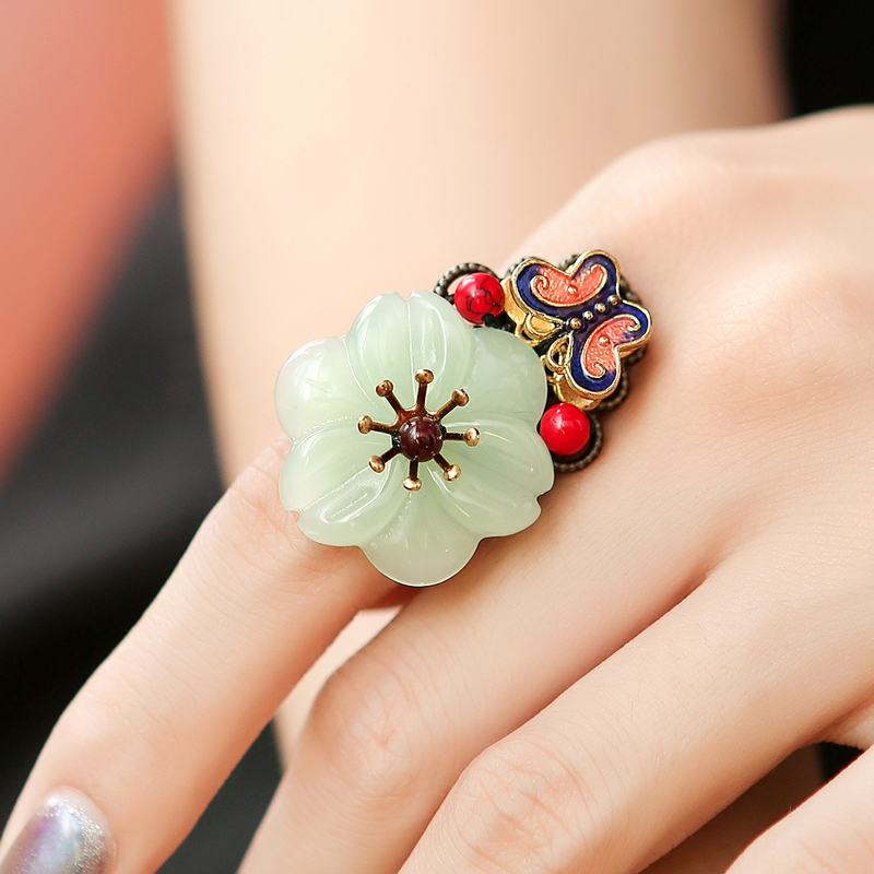 Pure ornament Glazed Flowers Ring Jingtai Blue Butterfly Decorative accessories adjustable with opening ring Ring Court Retro