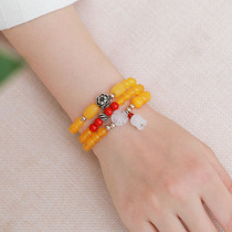 Pure ornament three-layer yellow agate bracelet white jade flower multi-layer bracelet Palace retro style hipster literary style