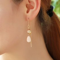 Pure jewelry 14k gold ear line long earrings Pink crystal fairy simple and wild drop earrings earrings female sweet and cute