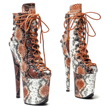 Leecabes new European and American spliced ​​pole dancer shoes 20cm waterproof platform catwalk high-heeled boots snake print short boots 2B