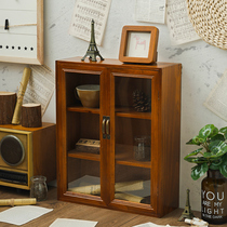 Desktop storage box Wooden glass locker multi-function household solid wood multi-layer cosmetics finishing box retro style