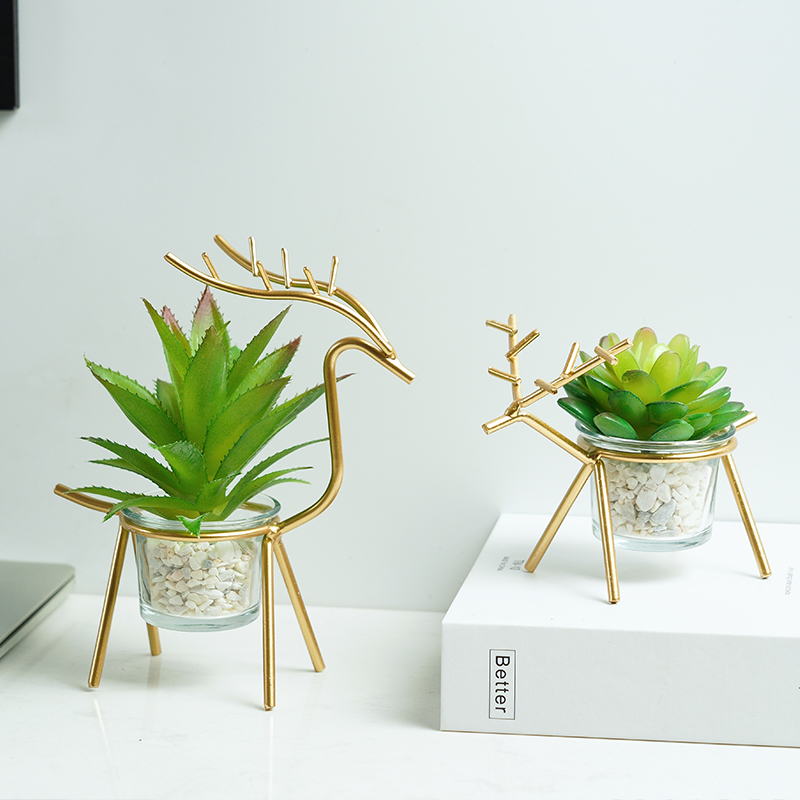 Nordic light luxury creative simple modern Wrought iron deer desktop decoration fake fleshy flower pot ornaments small crafts