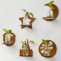 Retro Wall home decoration hydroponic plant solid wood shelf kindergarten indoor wall hanging green vase Ware