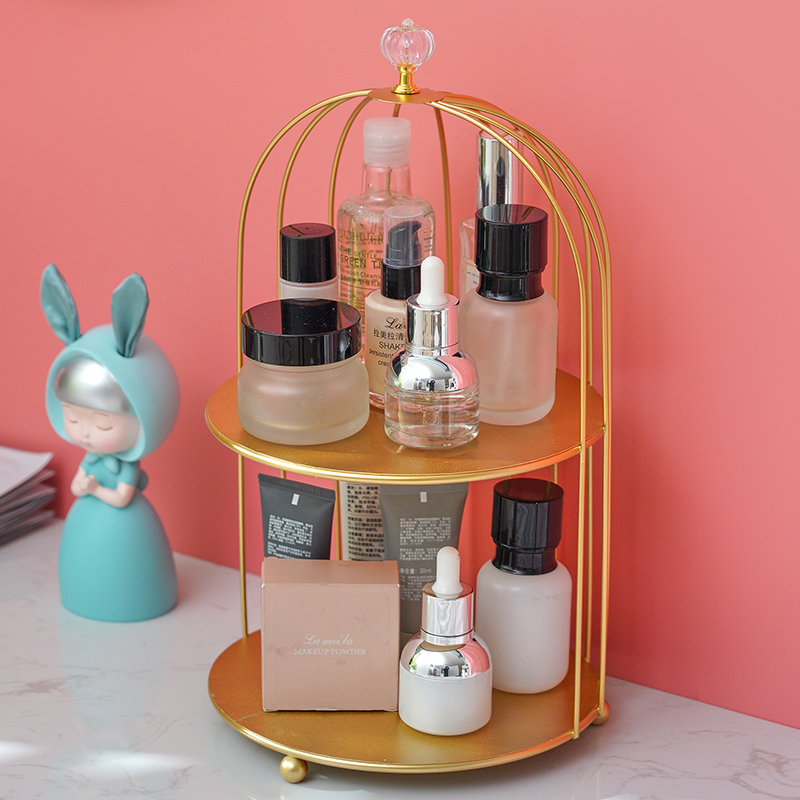 Nordic desktop double metal birdcage cosmetic storage shelf bedroom dressing table skin care products lipstick perfume finishing