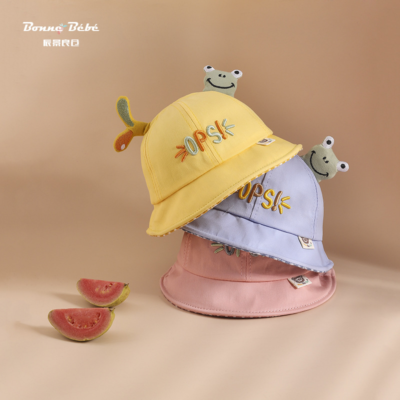 Super cute frog Korean children fisherman hat spring and summer new children's sun hat letter embroidery baby hat