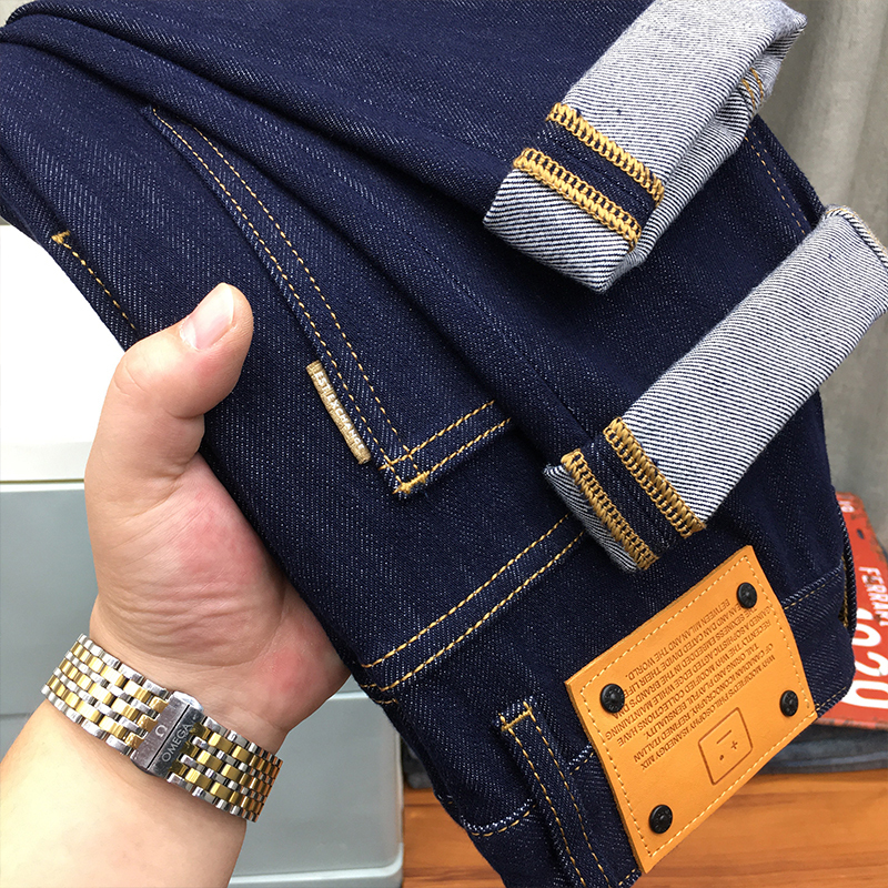 Men's Original Color Denim Jeans for Autumn, High-End Trendy Blue Solid Color Stretch Slim Fit Skinny Pants for Autumn and Winter
