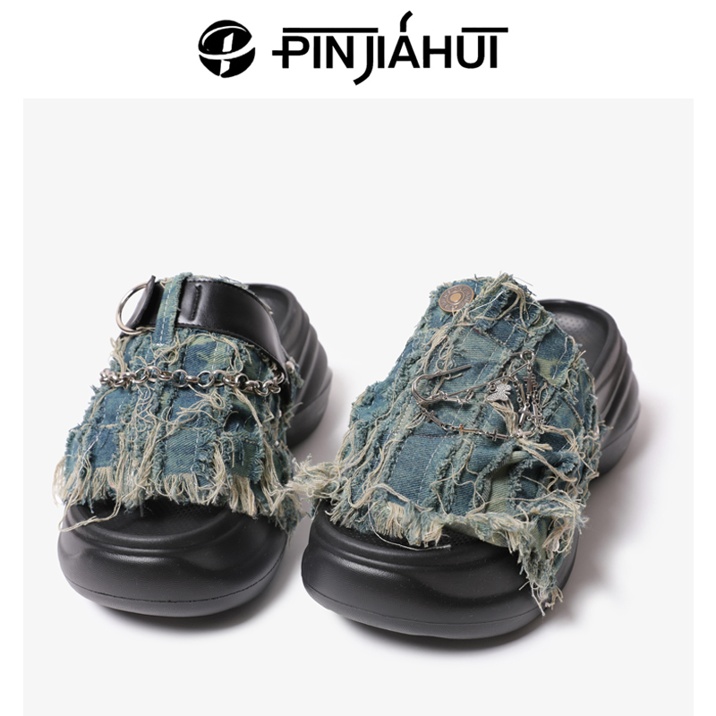 Pjh Height Increasing 9cm Denim Series Outdoor Slippers Retro Shoes Casual Thick-Soled Denim Versatile Slide Sandals