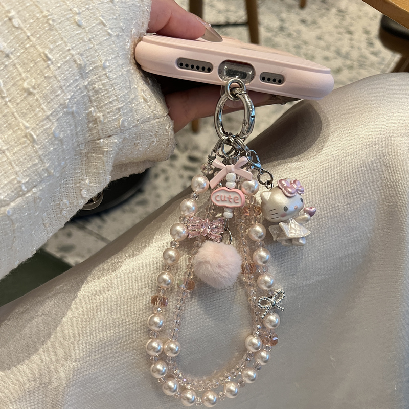 Original ins Pink Sparkling Diamond Bowknot Pom-Pom Beaded Phone Chain Cute Kitty Cat Lanyard Keychain Strap