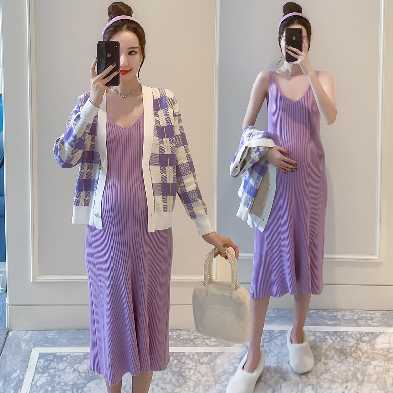 Maternity wear autumn dress large size coat spring and autumn fashion knee sling skirt knitted sweater coat two-piece dress