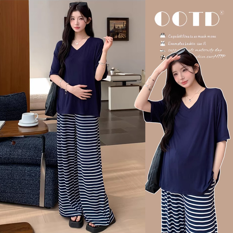 Maternity Outfit Summer 2026 Stylish New Lazy Style Pregnancy Top with Pig Nose Button Wide-Leg Pants Two-Piece Set