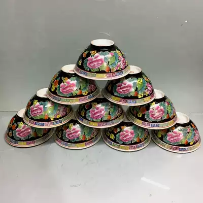 Daxing collection in the 1970s and 1980s stock old factory goods ceramics Modern porcelain black ground Wanhua bowl set of 10