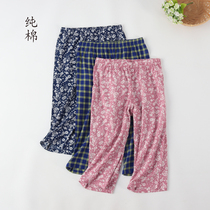 Womens woven cotton Willow wrinkled thin high waist home Capri pants pajama pants pants lightweight breathable can be worn outside