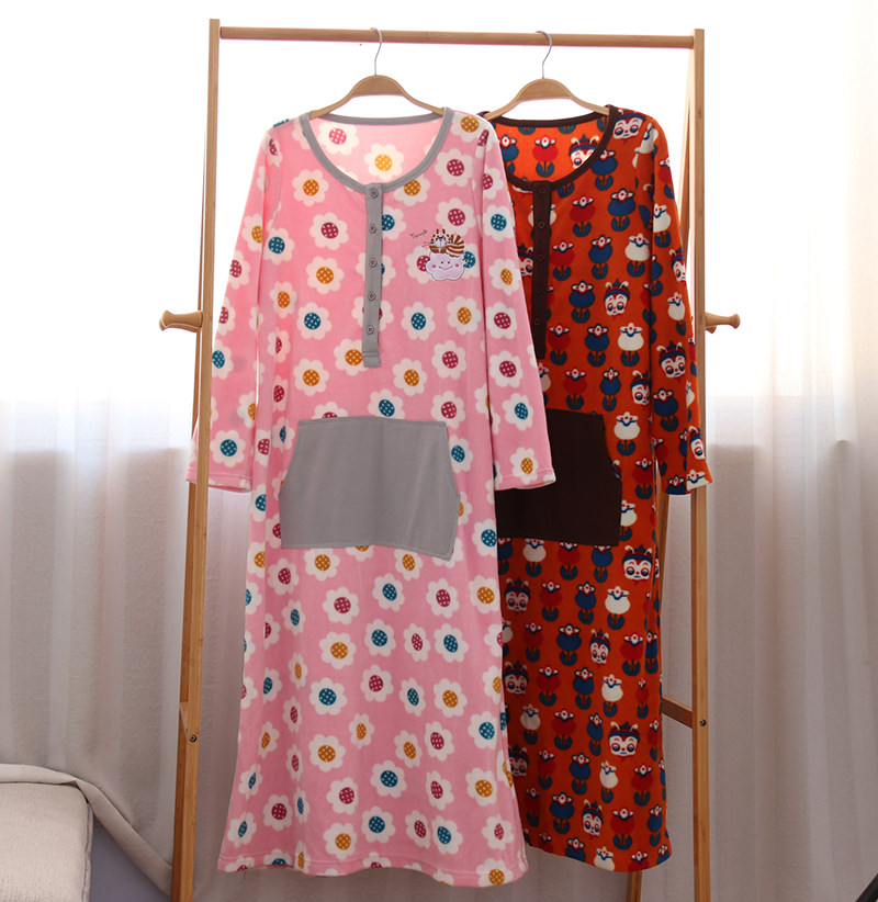 Foreign Trade Ladies Round Neckline Soft Rocking Grain Suede Long Sleeve Long Version Home Sleeping Dress Sleeping Robe Pajamas Palate For Autumn And Autumn