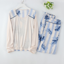 Foreign trade Lady cotton cotton round neck thin long sleeve trousers pajamas home clothing set spring and summer