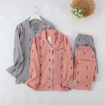 Couple Mens Womens cotton double gauze cardigan long sleeve trousers pajamas home clothing set spring and summer crepe Cotton