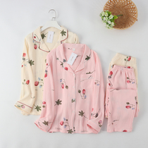 Japanese womens cotton double gauze fresh and sweet style long sleeve trousers pajamas home clothes crepe cotton set spring and autumn