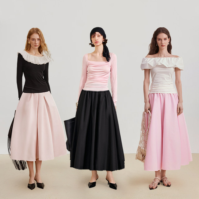 AEL original skirt Hepburn style big skirt umbrella skirt 2026 spring and summer new style with long-sleeved T-shirt