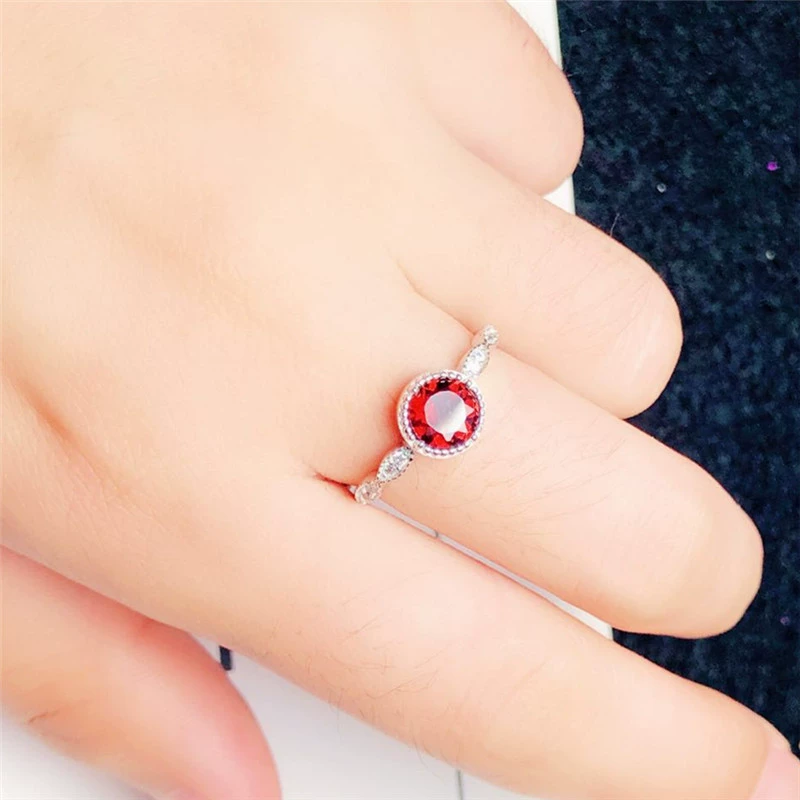 Ngọc hồng lựu tự nhiên nhẫn đá quý ruby ​​màu bạc 925 nhẫn mạ vàng thời trang mới và tinh tế - Nhẫn