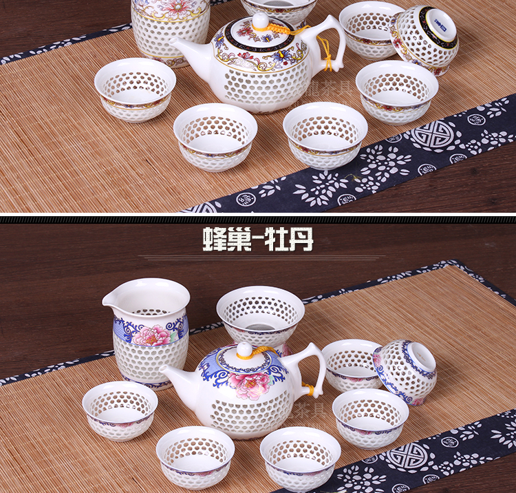 Màu xanh và trắng sứ bộ trà tinh tế tổ ong rỗng đặt gốm kungfu tea set trà cốc chén trà rửa bát