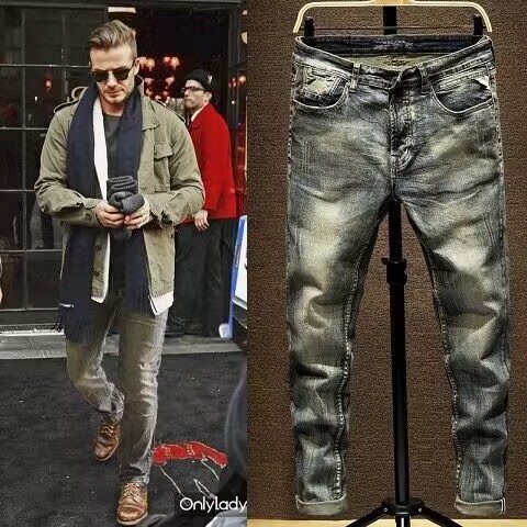 Celebrity Beckham-Style Men's Slim-Fit Straight-Leg Jeans, High Street Vintage Distressed Fashion Trendy Brand Long Pants