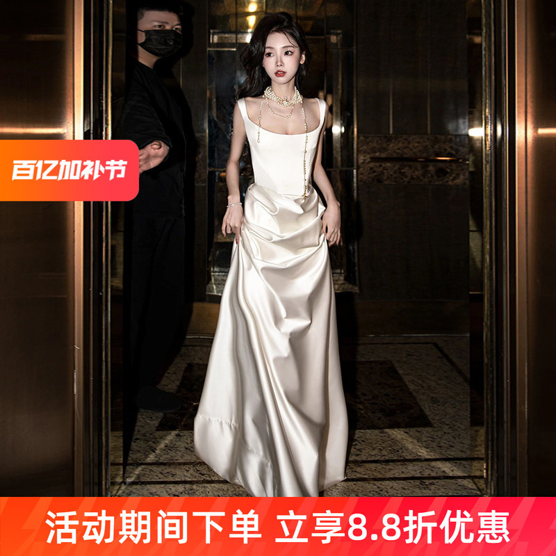 Empress Dowager's Light Wedding Dress, Simple Everyday Satin Strapless White Dress, High-End Light Luxury Niche Dress