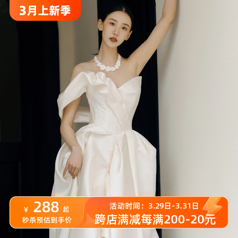 One -shoulder light wedding dress 2024 new high -level white satin tour shot One -shoulder light wedding dress 2024 new high -level white satin tour shot