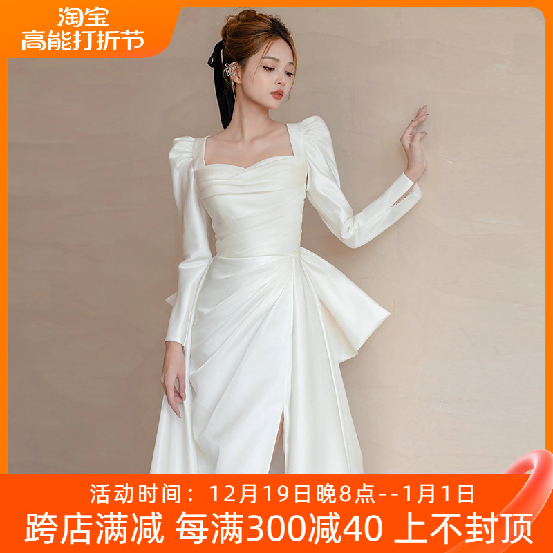 Satin long sleeves light wedding dress Advanced Sensational Style White Minimalist Trailing out of the door veil Temperament Herbon Gown-Taobao