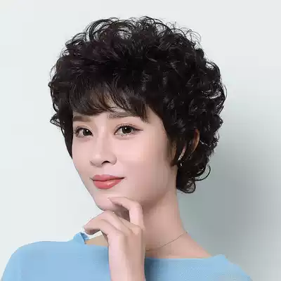 True hair wig set female short hair middle-aged elderly wig mother short curly hair breathable middle-aged lady full head set face