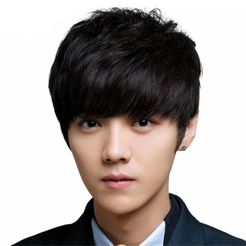 Men's wig real hair short hair Han version realistic and breathable handloom fluffy handsome boy wig sets live-action hair