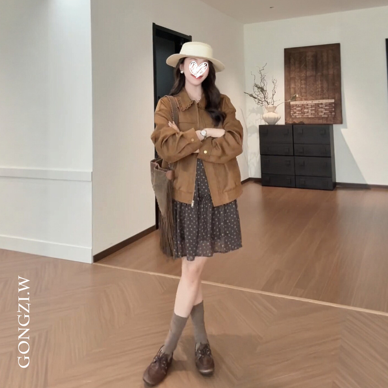 Autumn Outfit with a Complete Set of High-End Fashion, Loose Leather Short Jacket, Elegant Slimming Floral Dress Set