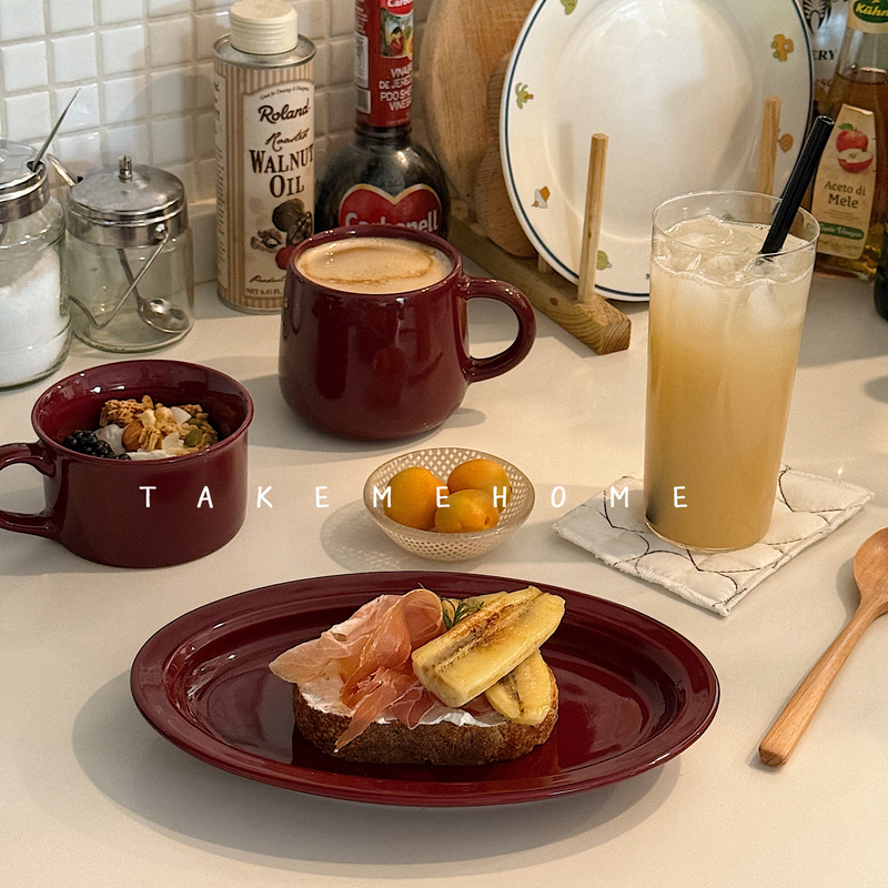 Takemehome Retro Cherry Red Ceramic Oval Plate Mug ins Style One-Person Dining Tableware Set Takemehome Retro Cherry Red Ceramic Oval Plate Mug ins Style One-Person Dining Tableware Set