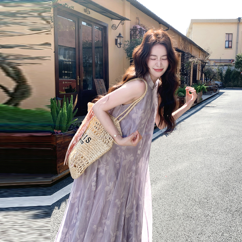 French-Style Super Fairy-Like Purple Sleeveless Dress for Women, New Summer Style, Loose and Slimming, Stunning Vacation Style, Travel Mesh Long Dress