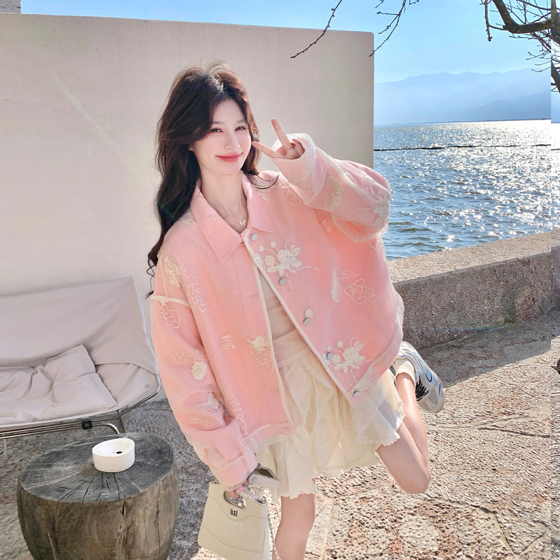 Pink Design-Inspired Mesh Embroidered Jacket for Women, New Spring Style, Unique and Beautiful, Very Attractive, Age-Reducing, Casual Lapel Jacket