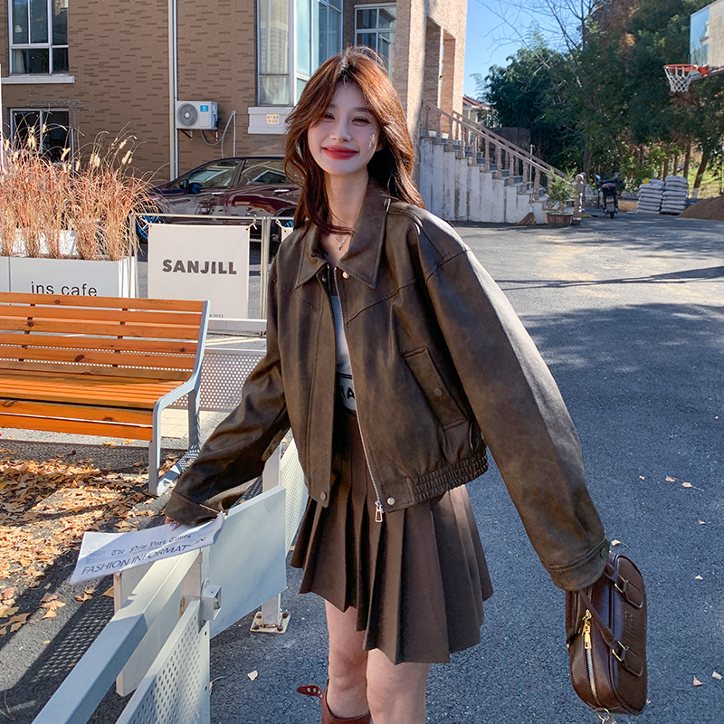 Meilade Retro Brown Short Leather Jacket for Women, Spring and Autumn 2026, Super Popular for Petite Figures, Lapel Pu Biker Jacket