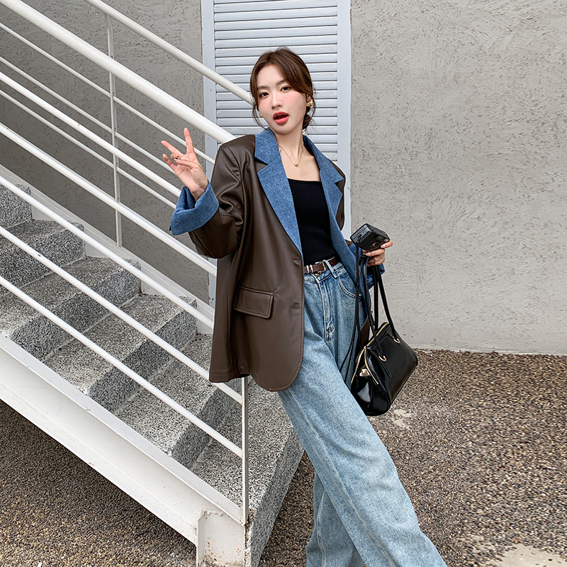 Brown Pu Leather Blazer for Women, Spring and Autumn 2026 New Style, High-End Korean Style, Loose Casual Denim Patchwork Suit