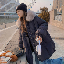 Black big fur collar down jacket for women winter 2023 new design Korean style loose and slim white duck down thick coat