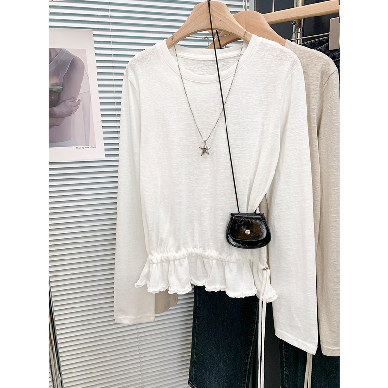 Korean-Style Design Ruffled Drawstring Long-Sleeve T-Shirt for Slightly Plus-Size Women, Autumn White Waist-Cinching Plus-Size Top