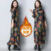 Real shot spot len ​​dài váy mùa thu và mùa đông retro nghệ thuật in khổ lớn cộng với váy nhung dày để giữ ấm váy chữ a dài liền thân