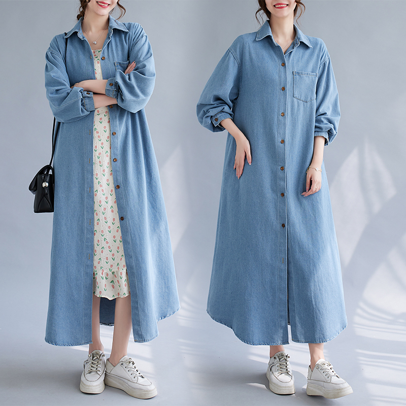 Autumn Long Over-The-Knee Denim Jacket for Women, Korean Style Long-Sleeved Loose Shirt Dress, Versatile Casual Trench Coat Cardigan, Light Color