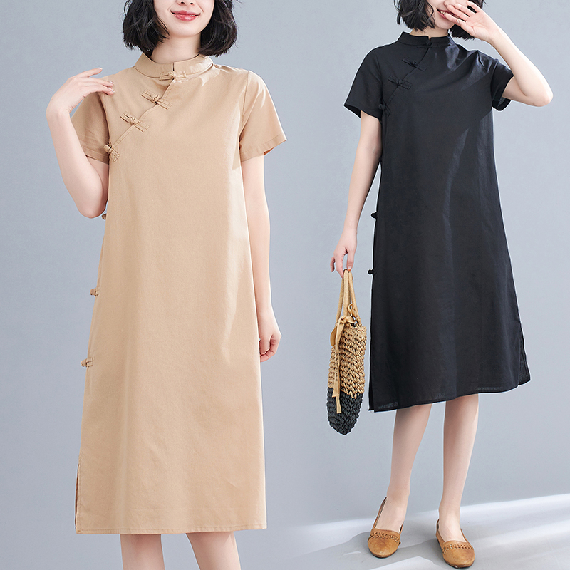 Retro cheongsam, dress, ethnic long skirt, Chinese style, cotton and linen, loose fit, A-line, mid length, ethnic style Retro cheongsam, dress, ethnic long skirt, Chinese style, cotton and linen, loose fit, A-line, mid length, ethnic style