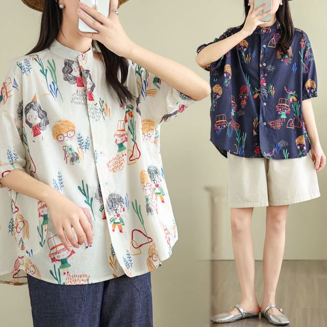 Summer new style Japanese literary fresh stand-up collar fun printed loose casual short-sleeved shirt women's top cardigan
