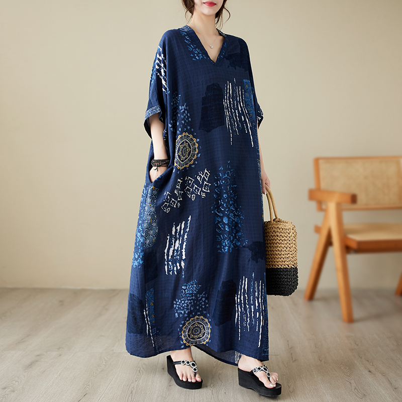Discount Summer V-Neck Thin Cotton and Linen Plus-Size Loose Artistic Vacation-Style Beach Dress Retro Body-Covering Long Robe over the Knee