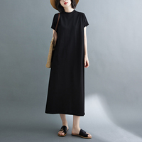 Cotton literary women's half turtleneck dress summer slimming back slit design little black dress mid-length over the knee