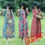 Real shot cotton và linen 2018 đầu thu mới cỡ lớn retro in họa tiết cho nữ dài tay áo dài rộng váy nhiều màu áo dài đầm