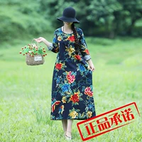 Real shot cotton và linen 2018 đầu thu mới cỡ lớn retro in họa tiết cho nữ dài tay áo dài rộng váy nhiều màu đầm xòe dài qua gối