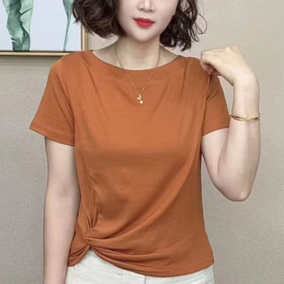A solid-color, one-shoulder, front-knotted short-sleeved blouse for mom, a fashionable summer T-shirt for women, a versatile top that makes you look younger