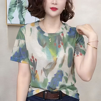 Mom's round-neck ink-wash printed short-sleeved blouse, fashionable women's wear, summer stylish T-shirt, youthful and versatile women's top