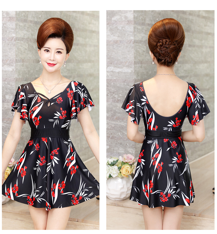 Youyou trung niên áo tắm nữ bảo thủ một mảnh kiểu váy che bụng nóng mùa xuân trung niên mẹ áo tắm đồ bơi kích thước lớn - Bộ đồ bơi One Piece đồ bơi liền thân dài tay