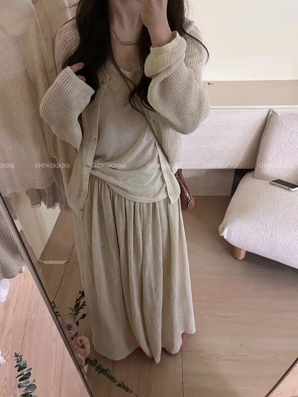 Linen Slit Hem Milk Tea Color 2026 Spring Korean Style Loose Slimming Versatile Round Neck Long Sleeve Knit Top Women's Base Shirt